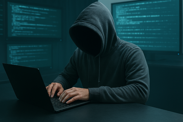 Cybersecurity - Cyber hacker at his laptop